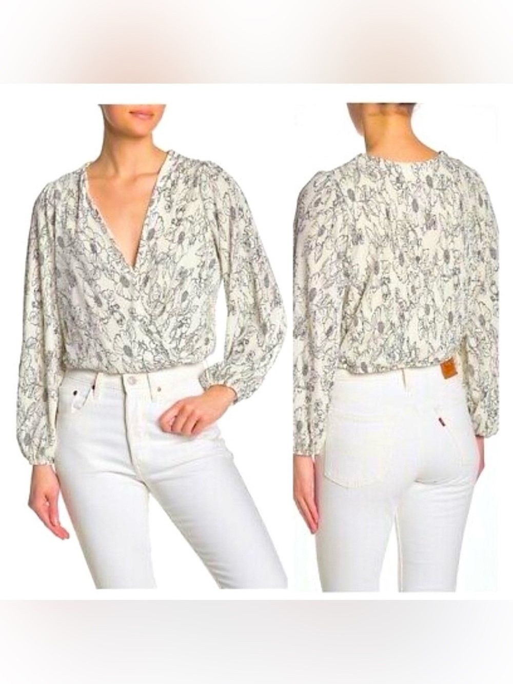 ASTR THE LABEL Plisse Long-Sleeved Surplice Wrap Top White/ Black Floral